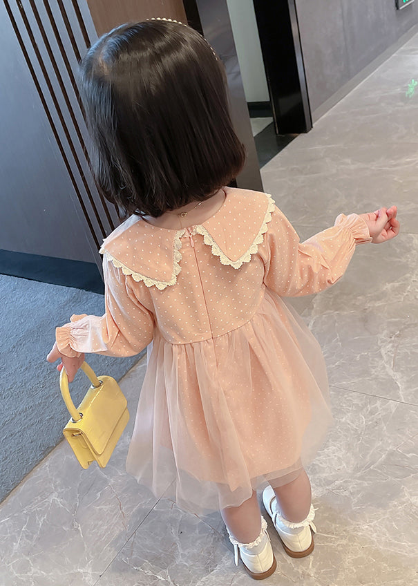 Lovely Pink Peter Pan Collar Dot Tulle Patchwork Kids Vacation Maxi Dresses Fall SS1065 MM-RCTZ-FDL240601