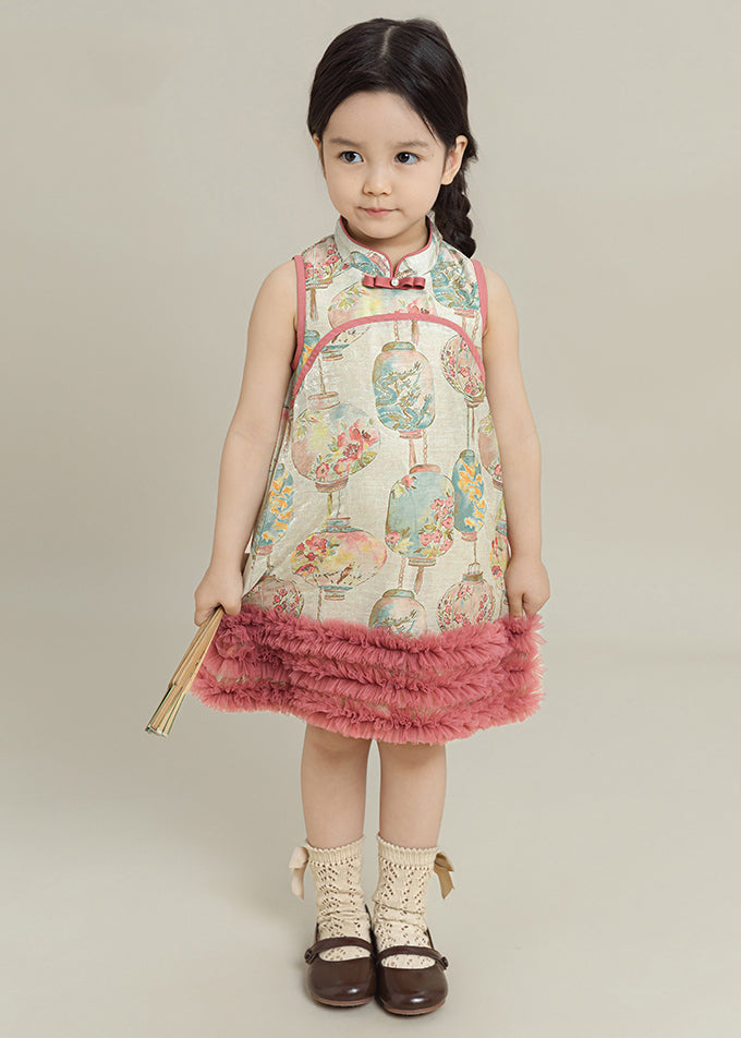 Lovely Pink Print Tulle Patchwork Girls Mid Dress Summer MN023 MM-RCTZ-SDGM240701