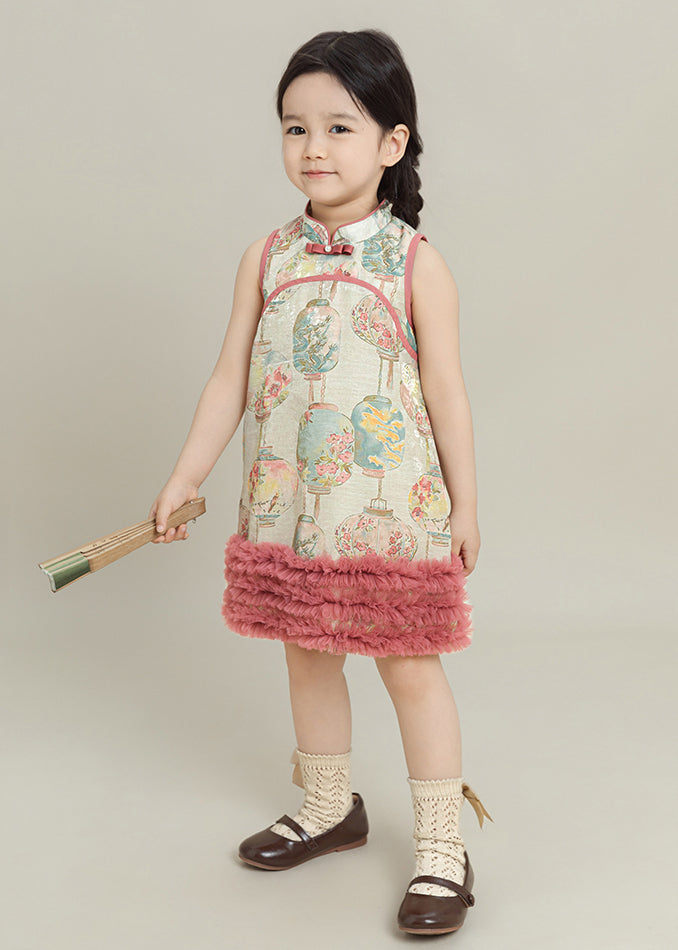 Lovely Pink Print Tulle Patchwork Girls Mid Dress Summer MN023 MM-RCTZ-SDGM240701