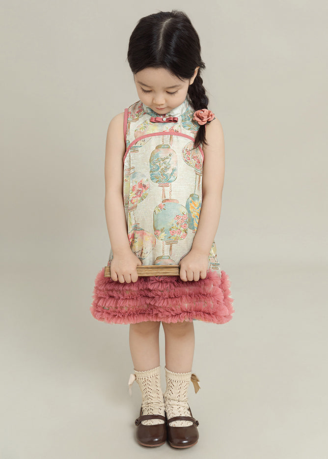 Lovely Pink Print Tulle Patchwork Girls Mid Dress Summer MN023 MM-RCTZ-SDGM240701