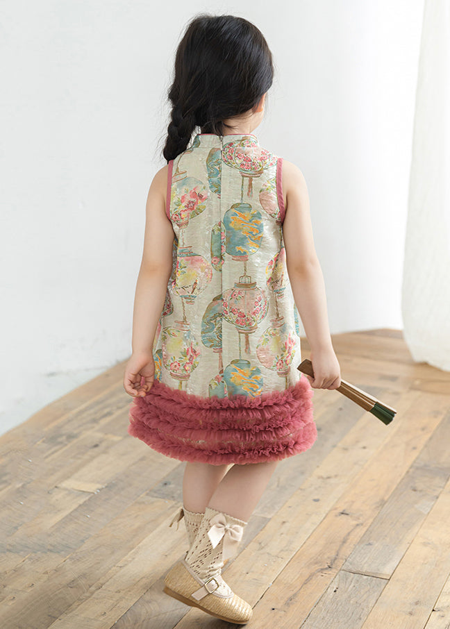 Lovely Pink Print Tulle Patchwork Girls Mid Dress Summer MN023 MM-RCTZ-SDGM240701