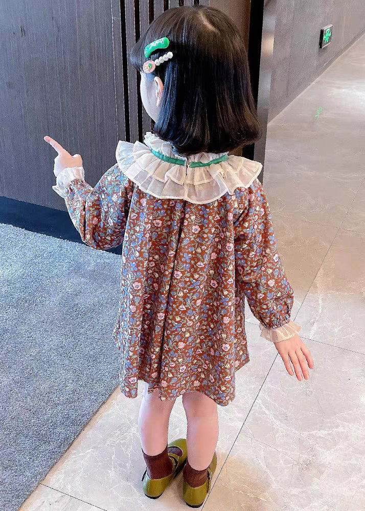 Lovely Ruffled Print Cotton Girls Mid Dress Long Sleeve XZ053 FALL-MM-RCTZ-FDGM240618