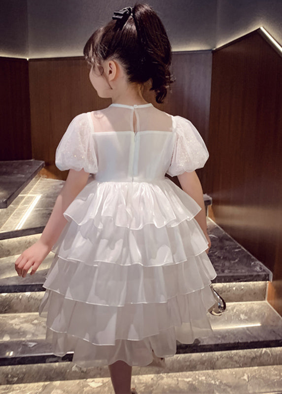 Lovely White Patchwork Sequins Tulle Kids Long Cake Dresses Summer XZ033 SDGL240618