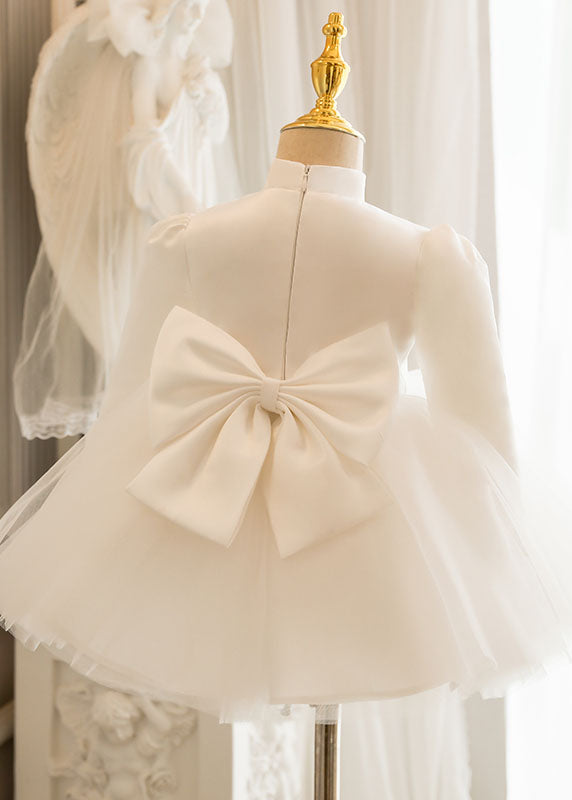 Lovely White Stand Collar Bow Tulle Kids Long Dresses Puff Sleeve YS010 ABC