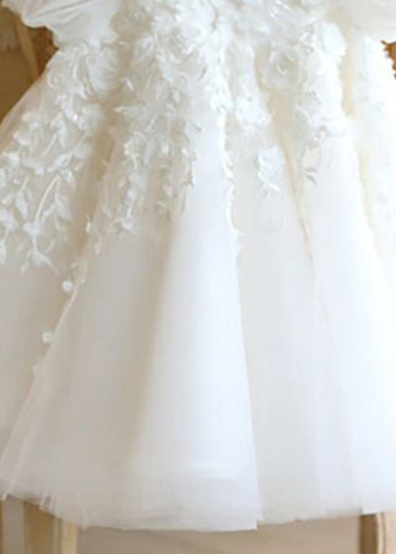 Lovely White Stand Collar Floral Tulle Kids Vacation Maxi Dresses Puff Sleeve YS037 ABC