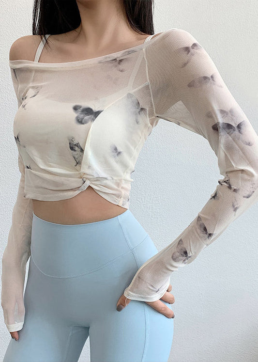 Print Fitting Tops Workout White Luxury Wrinkled Tulle FashionChic