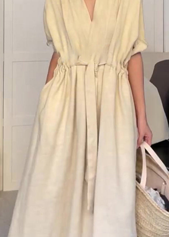 Modern Beige V Neck Pockets Drawstring Cotton Dress Summer YZ022 ABC