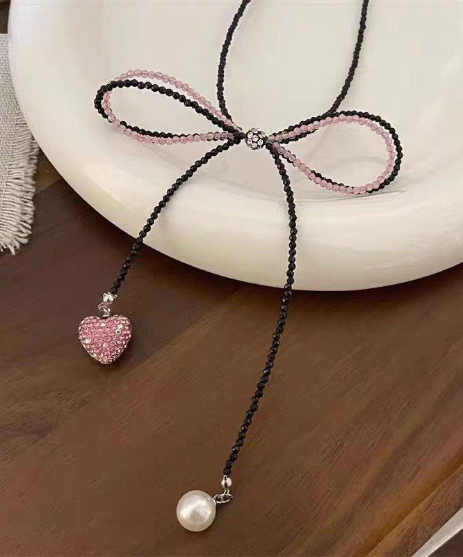 Modern Black Zircon Beading Bow Tie Lace Pearl Love Pendant Necklace YA014 ABC