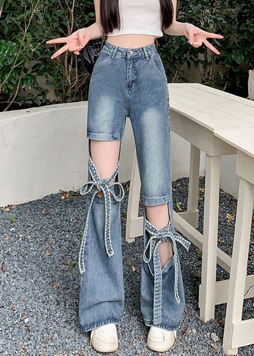 Spring Denim Hollow Pants Modern Blue Lace Out Up FashionChic