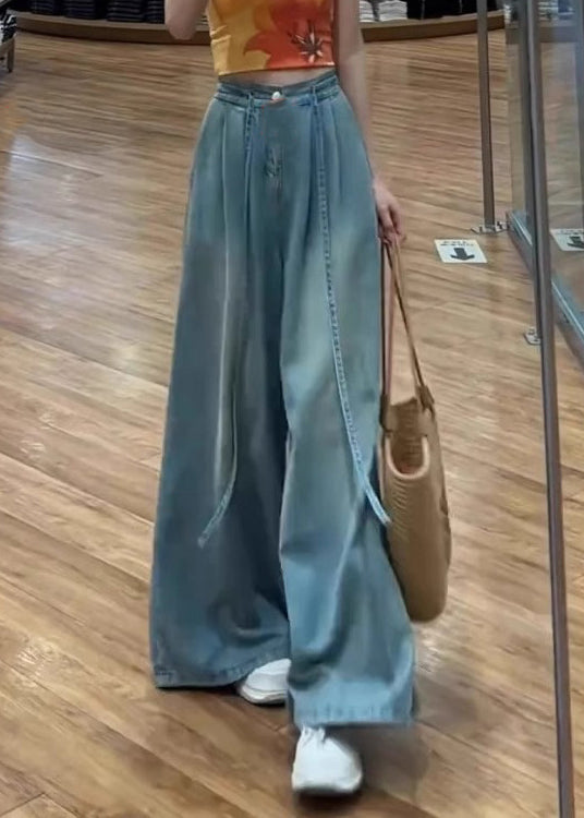 Lace Pants Blue Summer High Waist Up Modern Wide Leg Denim FashionChic