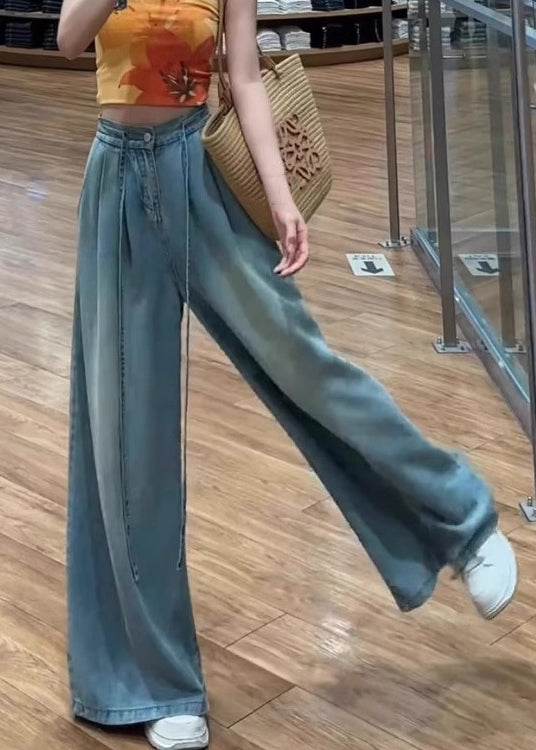 Lace Pants Blue Summer High Waist Up Modern Wide Leg Denim FashionChic
