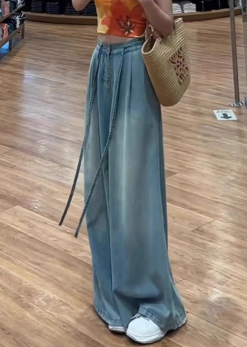 Lace Pants Blue Summer High Waist Up Modern Wide Leg Denim FashionChic