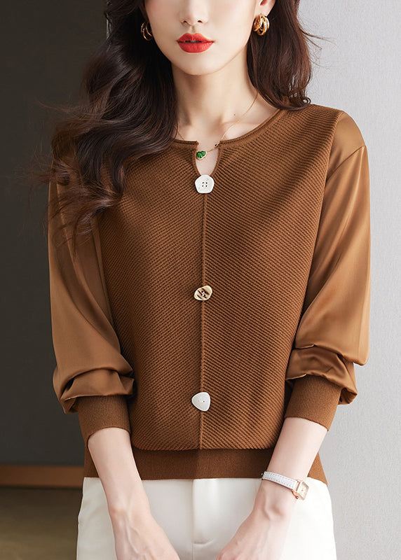 Modern Coffee O Neck Patchwork Knit Top Spring TQ019 ABC