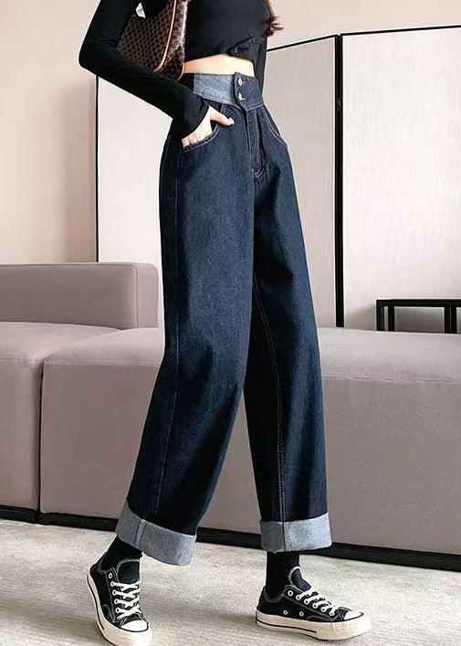 Modern Denim Blue Pockets High Waist Pants Fall QT040 OL-LPTS241001