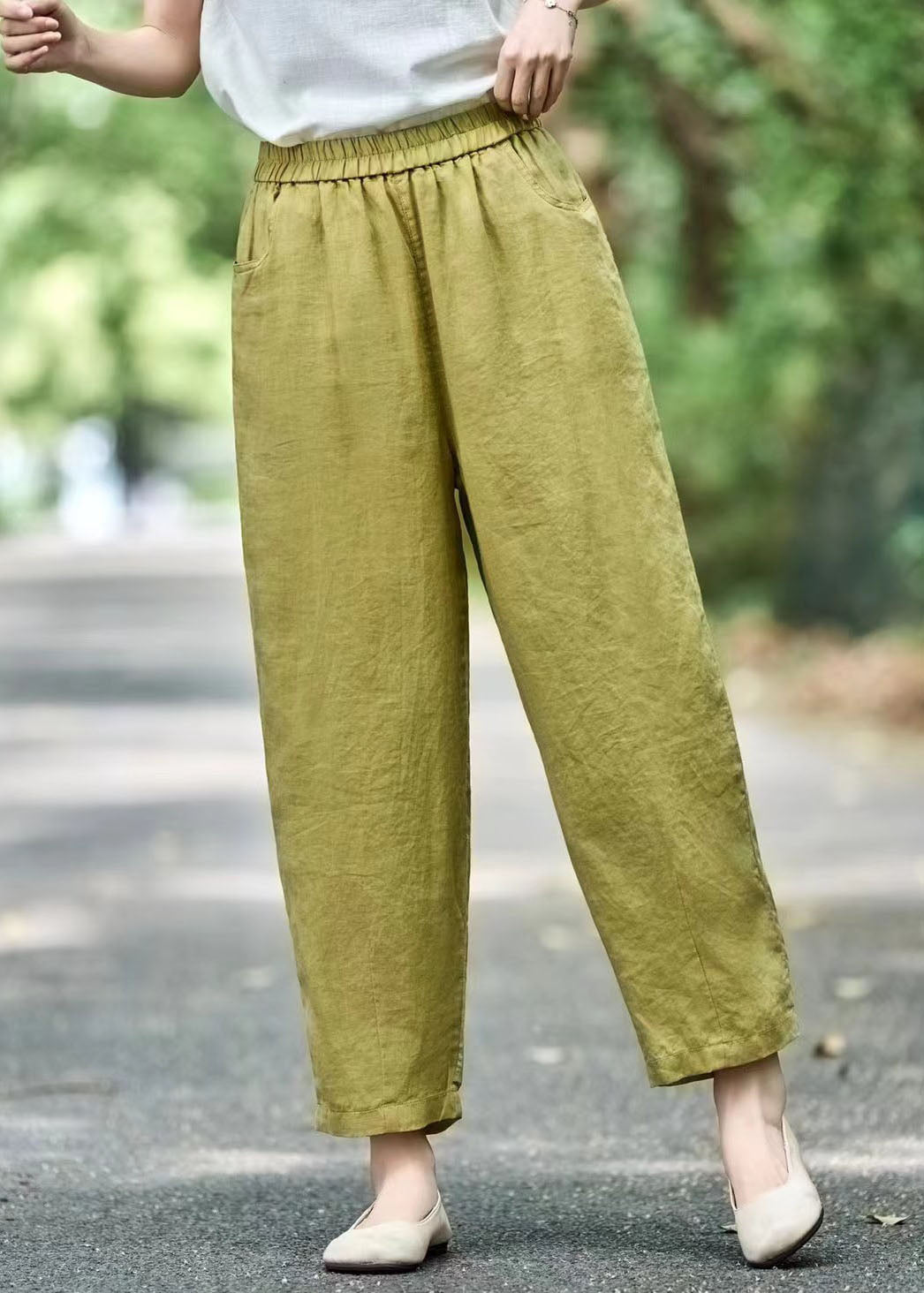 Modern Pants Linen Oversized Green Grass Elastic Waist Harem FashionChic