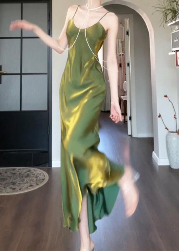 Modern Green Maxi Silk Draping Strap Slash Neck Spaghetti FashionChic