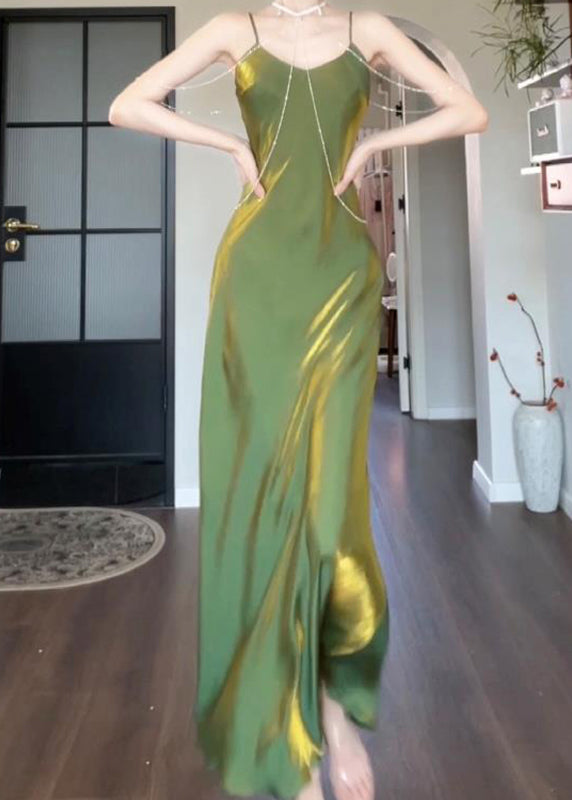 Modern Green Maxi Silk Draping Strap Slash Neck Spaghetti FashionChic