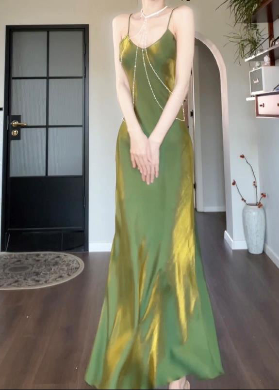 Modern Green Maxi Silk Draping Strap Slash Neck Spaghetti FashionChic
