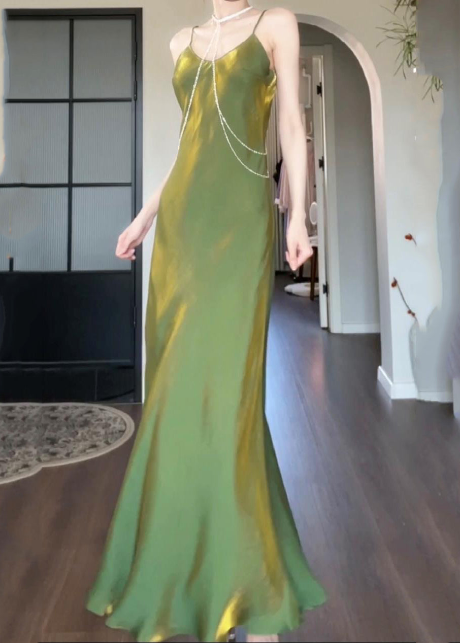 Modern Green Maxi Silk Draping Strap Slash Neck Spaghetti FashionChic
