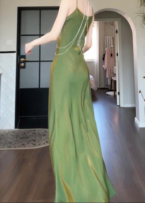 Modern Green Maxi Silk Draping Strap Slash Neck Spaghetti FashionChic