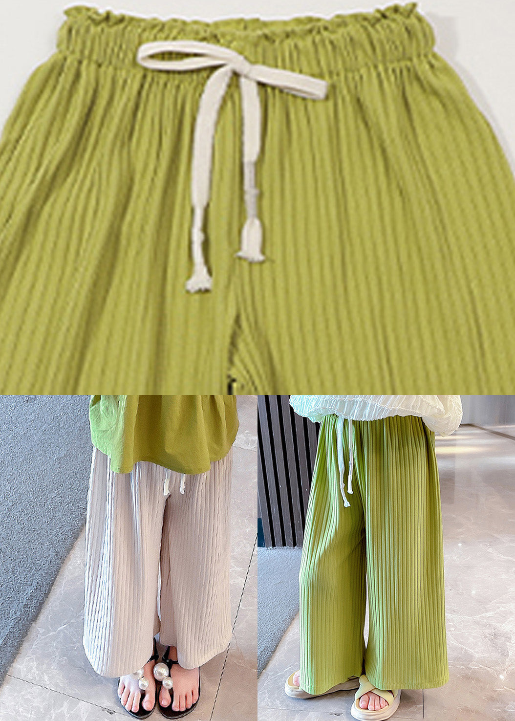 Modern Green Striped Patchwork Tie Waist Ice Silk Girls Pants GF025 MM-RCTZ-LPTS230724
