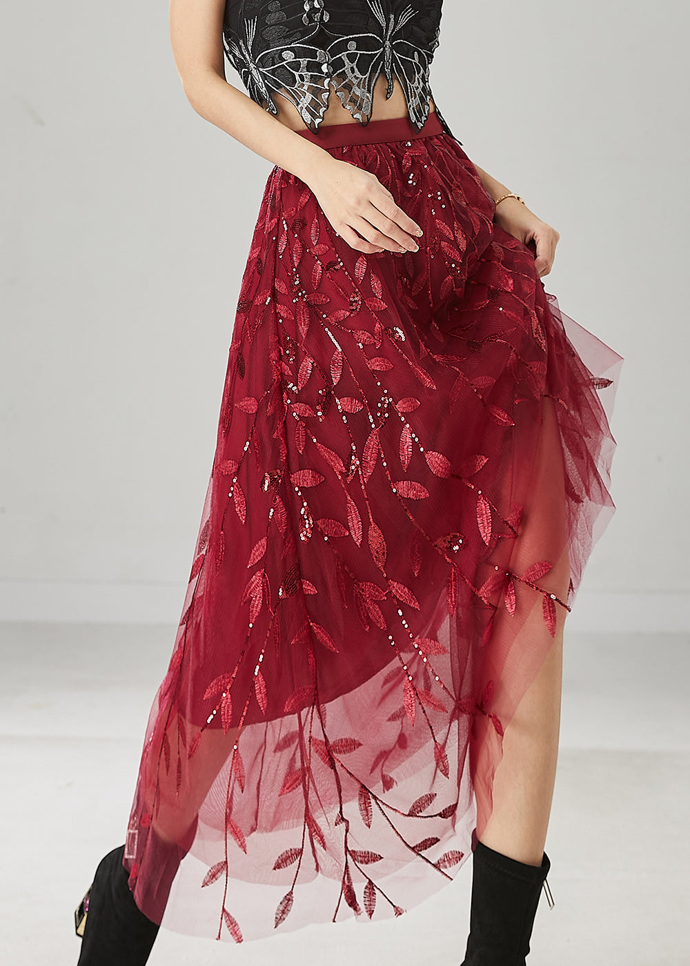 Modern Mulberry Embroidered Sequins Tulle Skirts Spring YU1016 Ada Fashion
