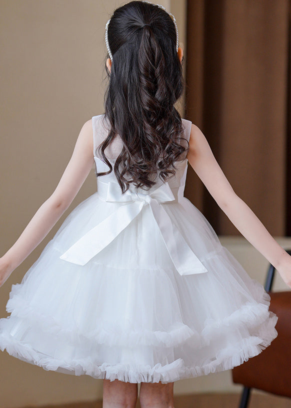 Modern Pink O-Neck Floral Tulle Kids Mid Dress Sleeveless EW016 WS-JRTZSDM240810