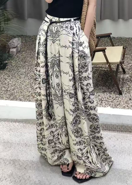 Modern Fall Leg Cotton Pockets Waist Print Wide Pants High FashionChic