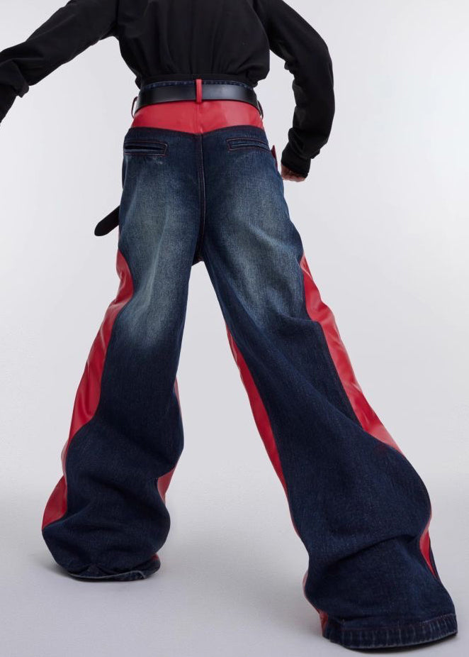 Modern Red Pockets Faux Leather Patchwork Pants Fall RK028 ABC