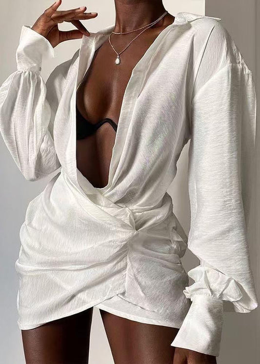White V Cotton Patchwork Shirt Modern Dress Mini Summer Neck FashionChic