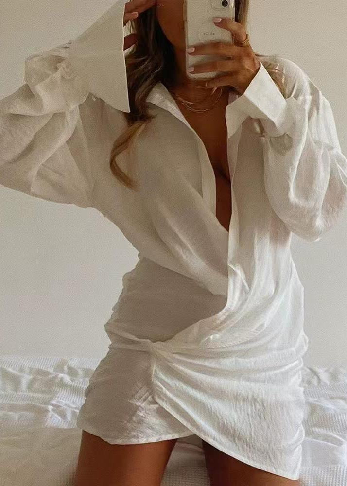 White V Cotton Patchwork Shirt Modern Dress Mini Summer Neck FashionChic