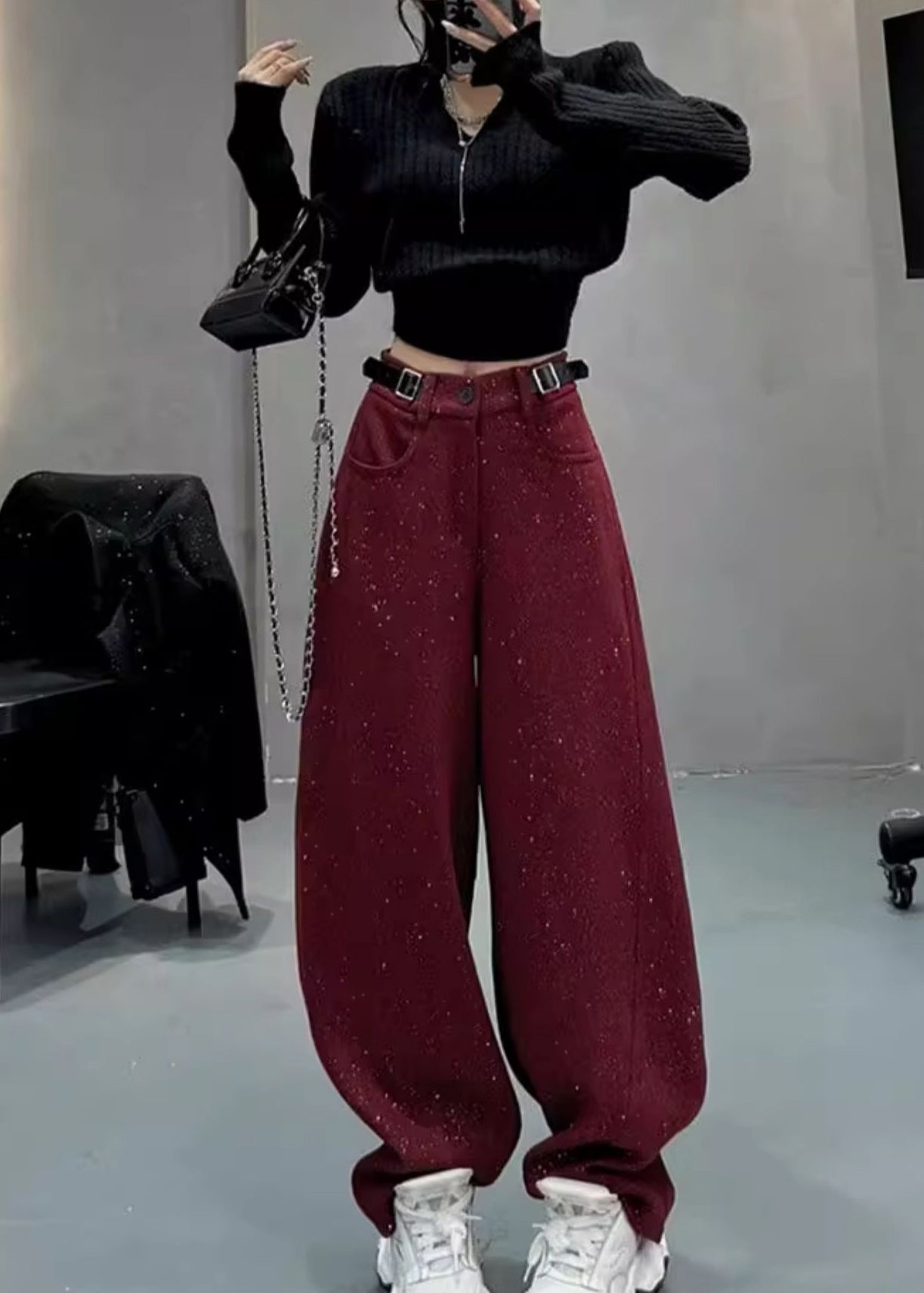 Mulberry Woolen Warm Fleece Wide Leg Pants Sequins Spring YK033 OM-MZF250306