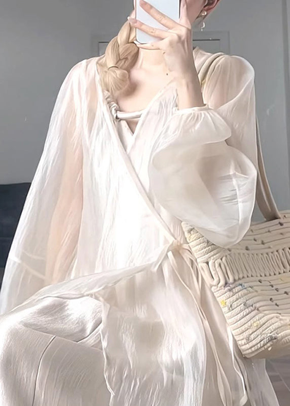 UPF Apricot Lantern Neck Chiffon V 50+ Natural Waist Coat Tie FashionChic