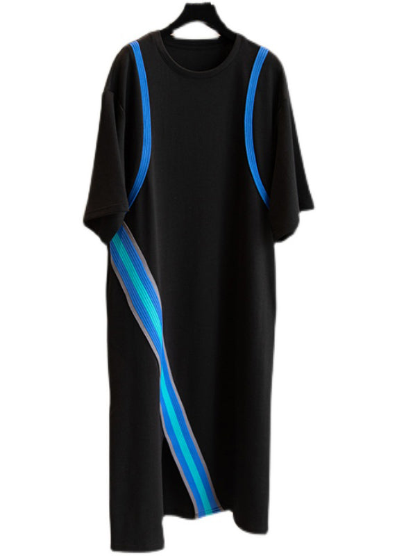 Natural Black O-Neck Asymmetrical Patchwork Cotton Dresses Summer WW1024 Ada Fashion