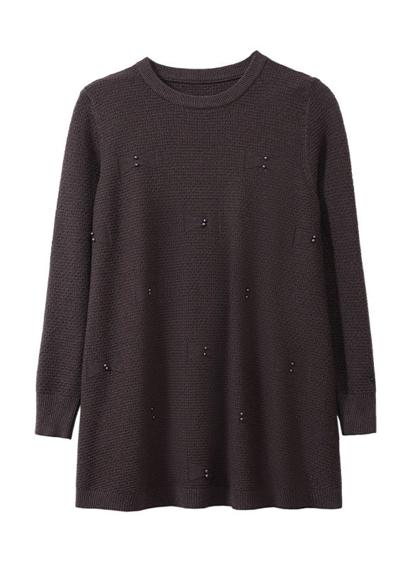 Natural Coffee O-Neck Nail Bead Solid Cotton Knit Sweaters Winter TE033 ABC