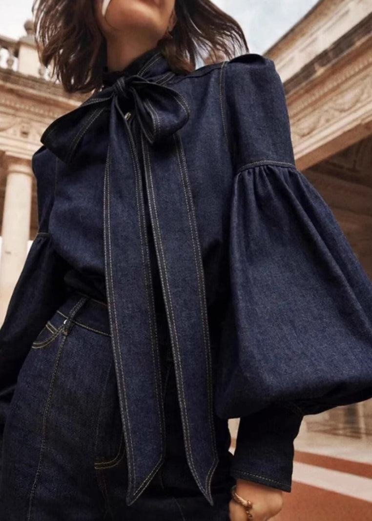 Shirt Natural Spring Dark Denim Stand Bow Blue Patchwork Collar FashionChic