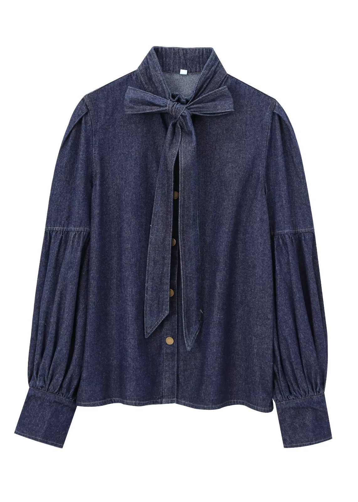 Shirt Natural Spring Dark Denim Stand Bow Blue Patchwork Collar FashionChic