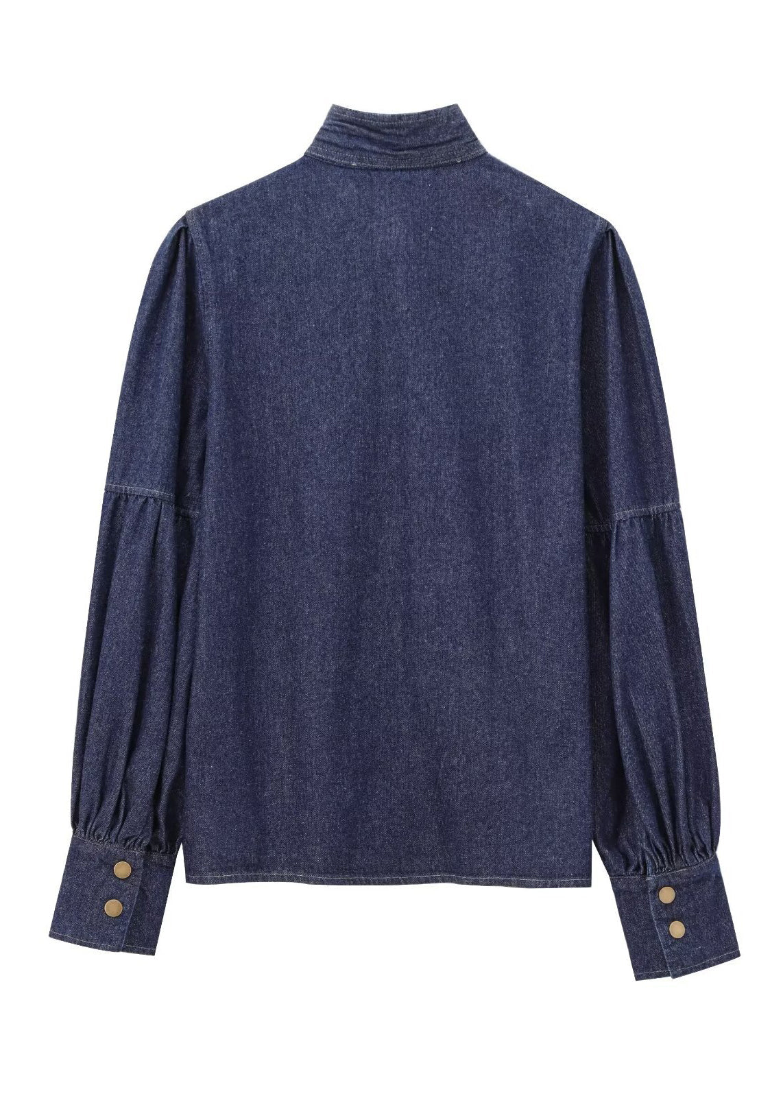 Shirt Natural Spring Dark Denim Stand Bow Blue Patchwork Collar FashionChic