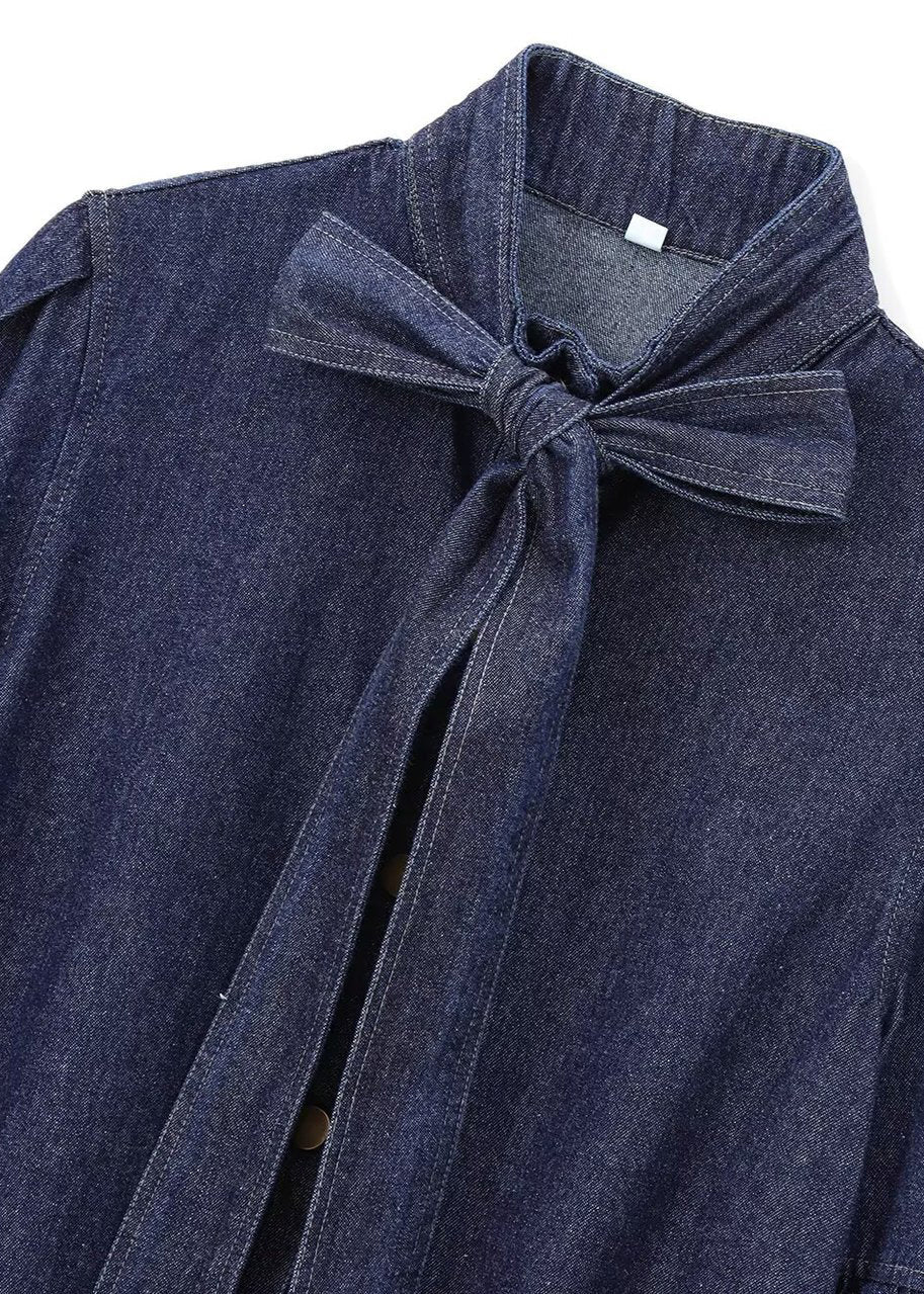 Shirt Natural Spring Dark Denim Stand Bow Blue Patchwork Collar FashionChic