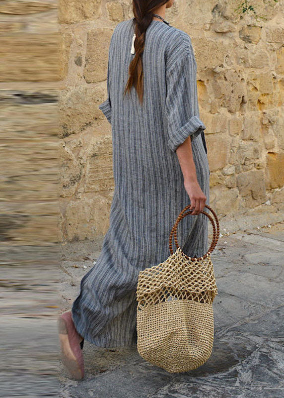 Natural Grey O-Neck Striped Patchwork Long Dresses Spring VB1089 Ada Fashion