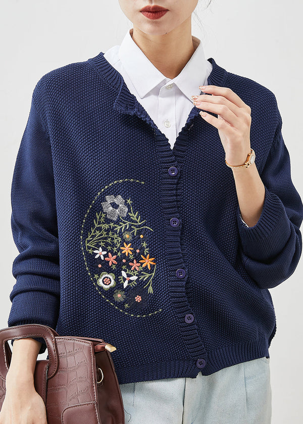 Natural Navy Embroidered Knit Loose Coat Spring YU1043 Ada Fashion