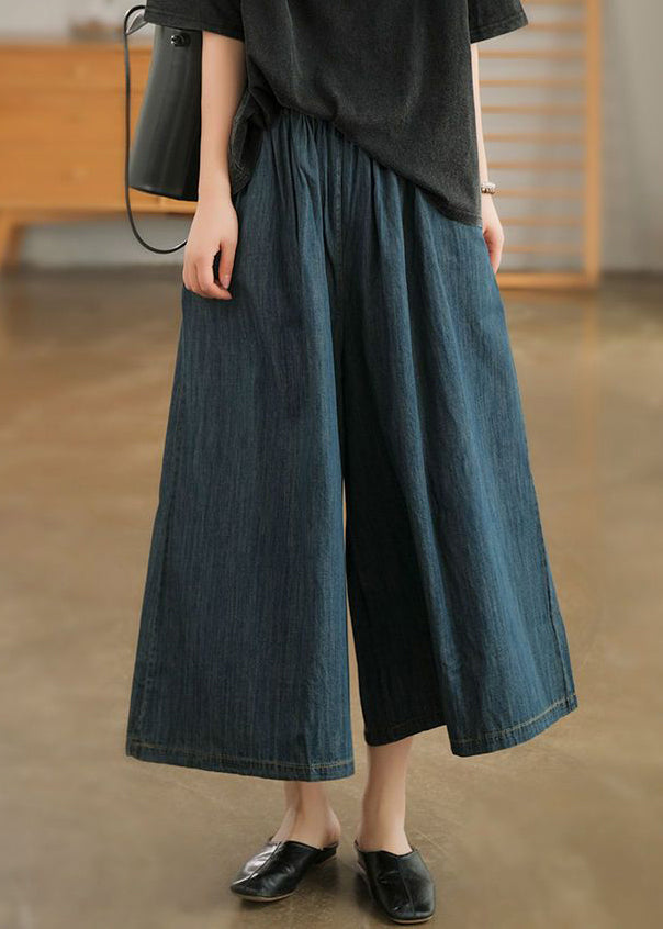 Natural Navy Pockets Elastic Waist Denim Wide Leg Pants Summer TN006 ABC