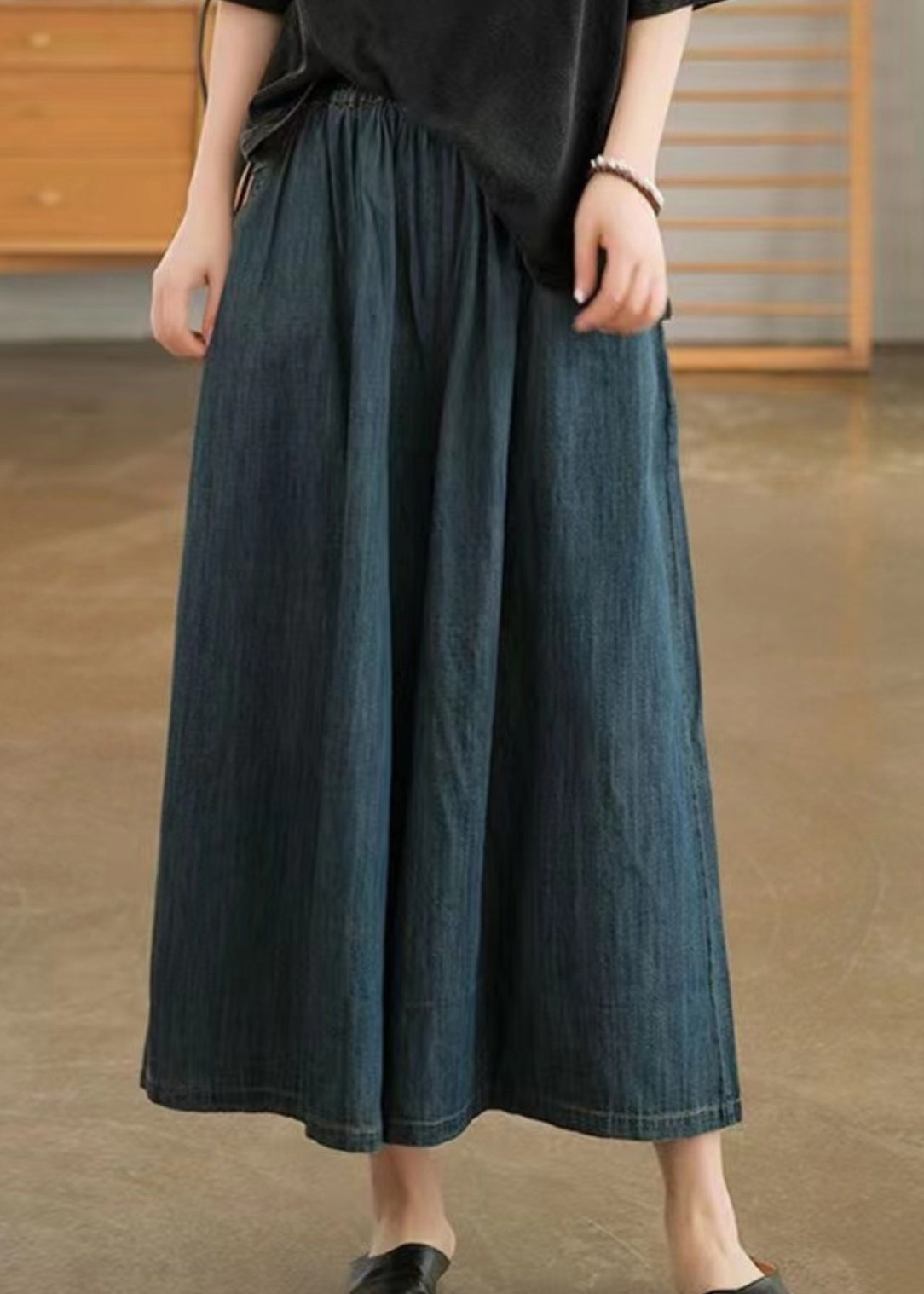 Natural Navy Pockets Elastic Waist Denim Wide Leg Pants Summer TN006 ABC