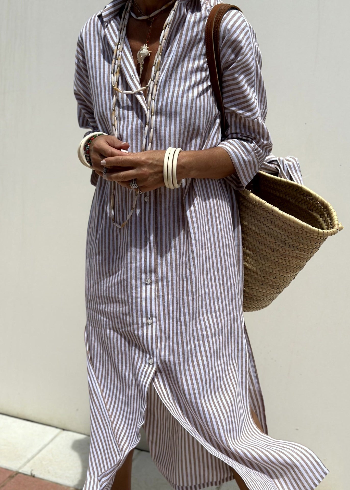 Button Natural Striped Maxi Pink Open Collar Side Peter Pan FashionChic