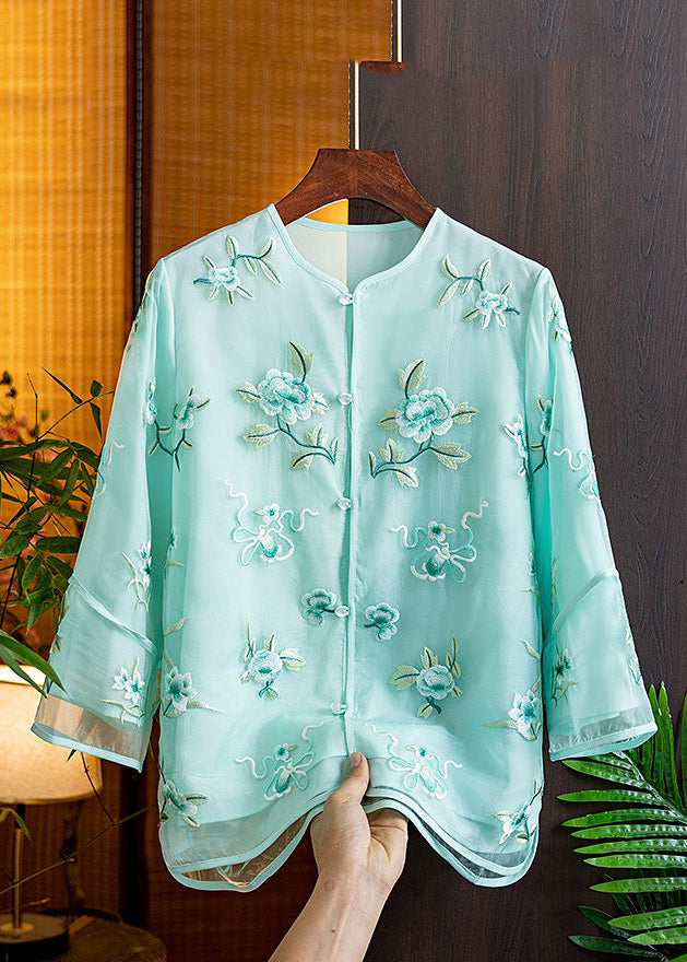 Natural Pink V Neck Embroidered Floral Tulle Shirts Spring AM1055 Genistyle Shop