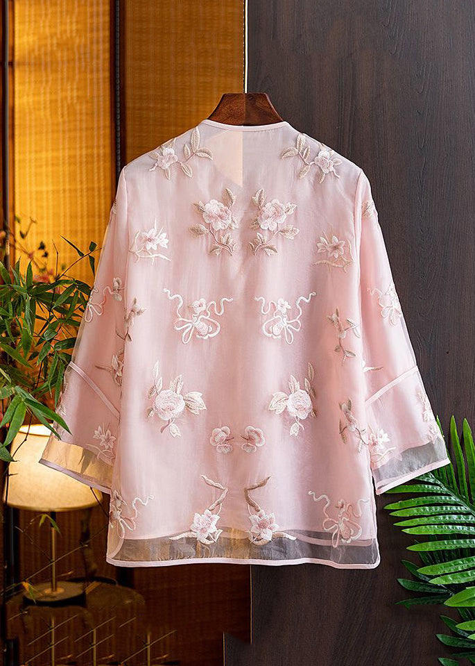 Natural Pink V Neck Embroidered Floral Tulle Shirts Spring AM1055 Genistyle Shop
