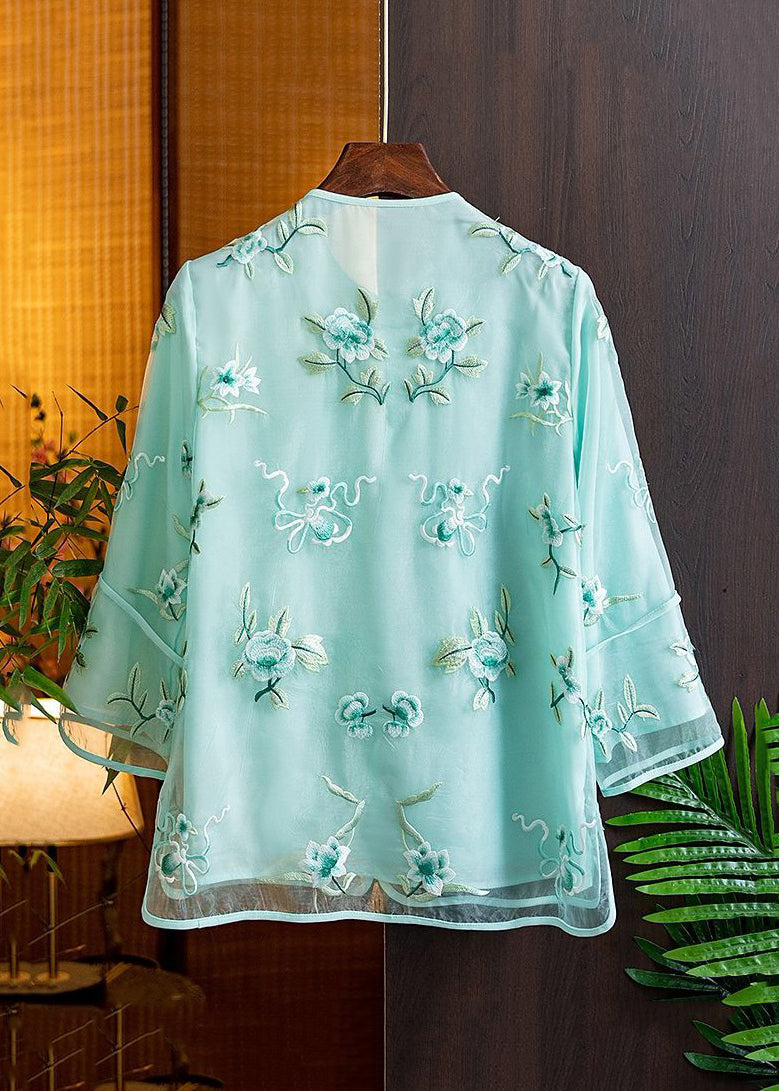 Natural Pink V Neck Embroidered Floral Tulle Shirts Spring AM1055 Genistyle Shop