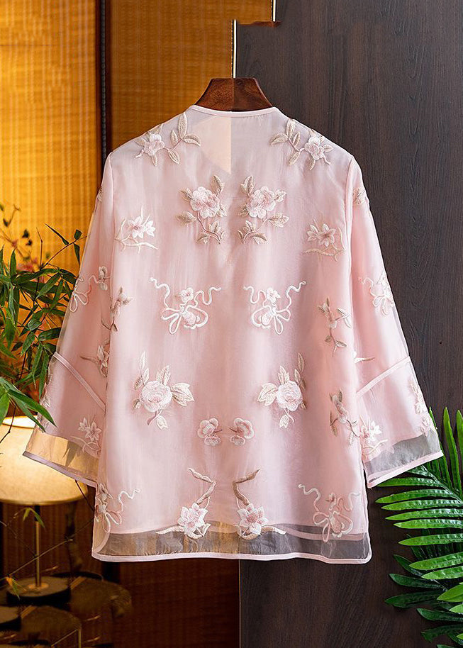 Natural Pink V Neck Embroidered Floral Tulle Shirts Spring AM1055 Genistyle Shop