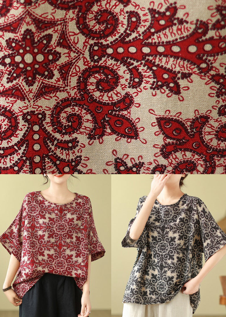 Natural Sleeve Print Short Shirts Red T Loose FashionChic