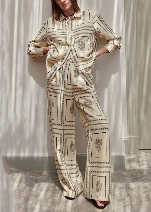 Shirts Pan Pants Leg Collar Print And White Wide Natural Peter FashionChic